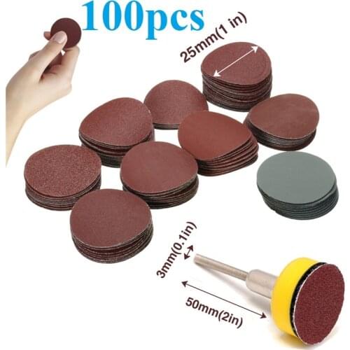 100pcs 25mm/1inch Sandpaper + 1pc 1inch Hook Loop Backer Plate 1/8inch Shank + 1pcs Loop Sanding Pad Abrasives Mixed Polishing