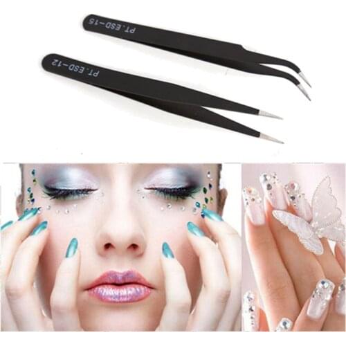 2Pcs Reverse Tweezers Colorful Acrylics Nail Shaping Tweezers Straight Elbow Design Stainless Steel Nail Tools