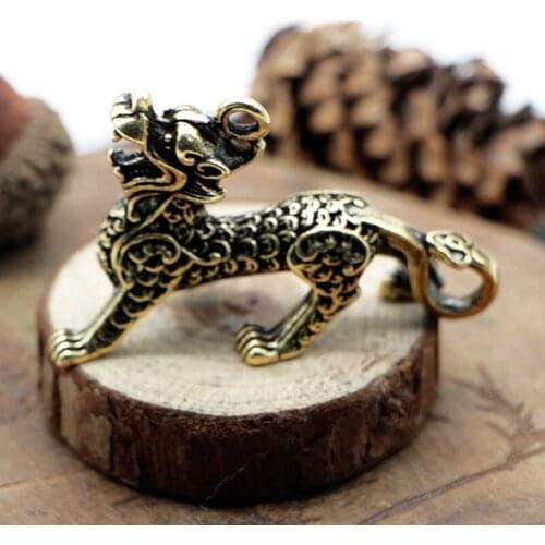 Antique Solid Brass unicorn Miniature Figurines Retro Copper Animal Tea Pet Desktop Ornament Decor Crafts Keychain Pendants