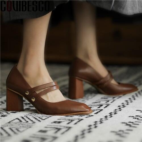 COVIBESCO Mary Janes Square Toe Womens Shoes Genuine Leather Elegant Thick High Heels Pumps Autumn Wedding Basic Shoes Woman