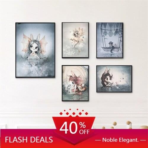 Living Room Home Decor Poster Print Nordic Canvas Painting Girl Bedoom Wall Picture Deer Rabbit Angle Wing Animal Abstract Sweet