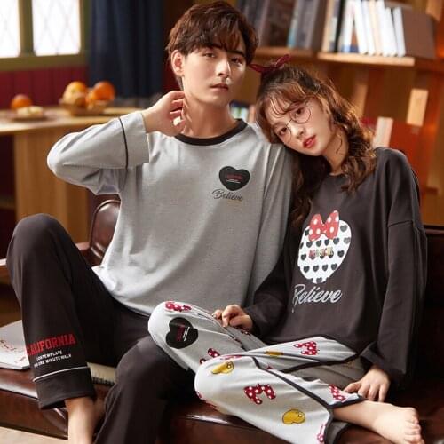 Couple spring and autumn tight match double-sided cotton round neck Pullover long sleeve trousers comfortable couple pajamas CKE