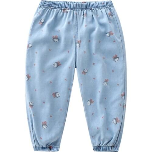 Baby Boy Girl Jeans Cartoon Print Jeans Children Pants Elastic Waist Summer Childrens Jeans Childrens mosquito trousers