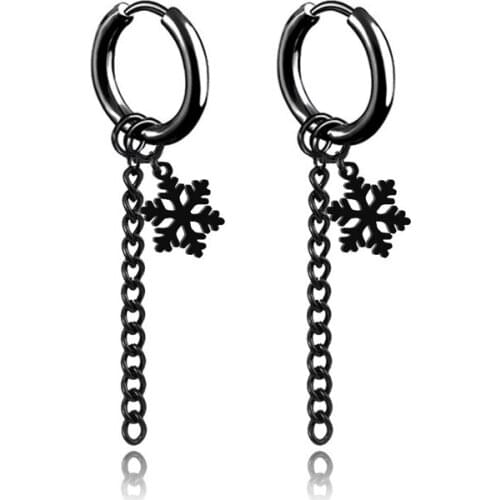Korea Rock Hip Hop Stainless Steel Black Earrings Tassel Snowflake Pendant Ear Hoop for Men Women Punk Ear Stud Piercing Clip On