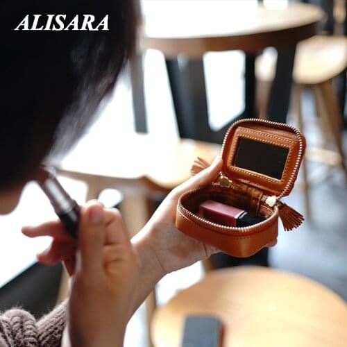 Red Lipstick packet Lipstick bag with mirror Exquisite cosmetic bag First layer cowhide Handmade Gift for wife Korean popular