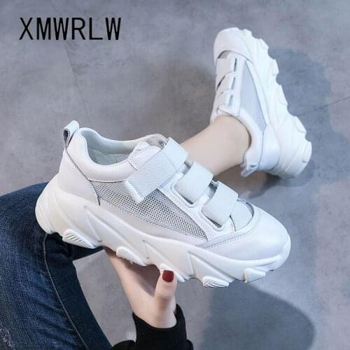 XMWRLW Womens Sneakers Summer Breathable Mesh Sneakers Casual Shoes Woman Cow Leather Hook Loop Platform Shoes White Sneaker