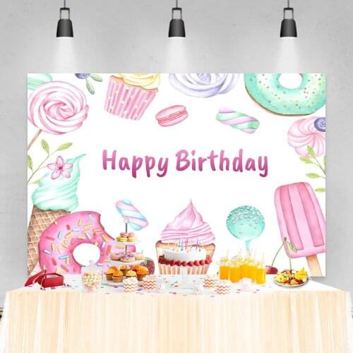 Laeacco Baby Birthday Photo Backdrop Pink Candy Donut Lollipop Sweet One Party Ice Cream Child Portrait Photography Background