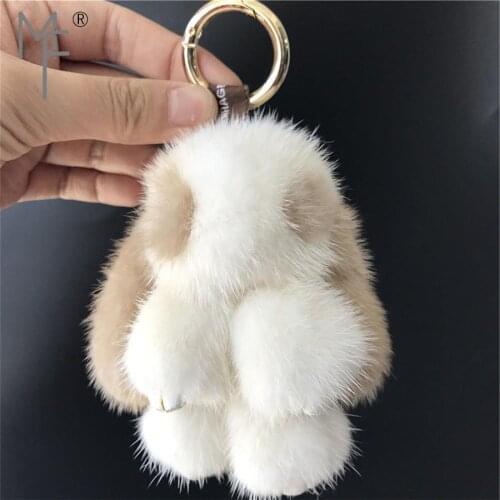 Magicfur - 11cm Real Mink Fur Bunny White W Camel Ears Ball Doll Toy Keychain Handbag Keyring Car Key Ring Pendant Charm