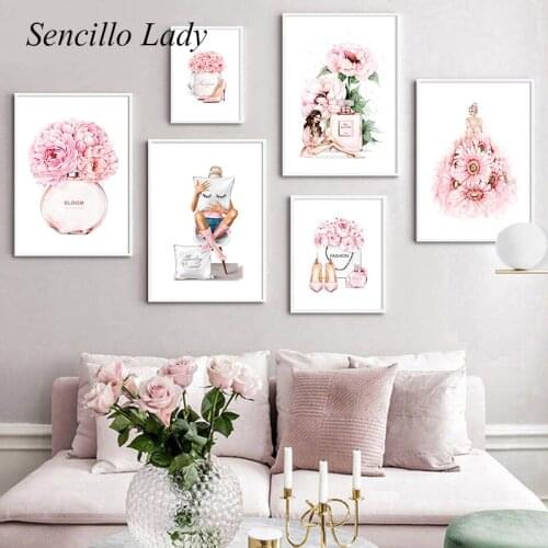 Fashion Wall Art Canvas Painting Perfume High Heels Makeup Poster Pink Floral Girl Print Picture Beauty Room Salon Decoration