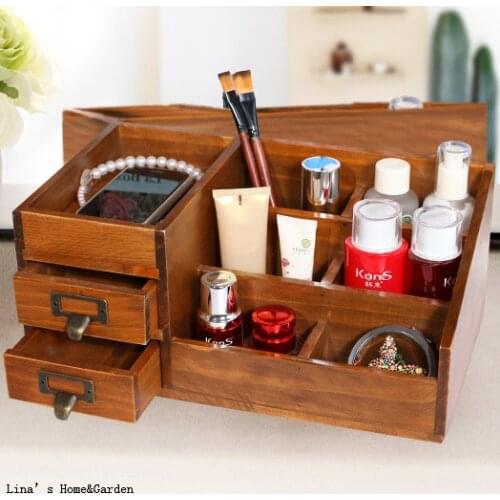 Tabletop Vintage Brown Pine Cosmetic Wooden Jewelry Box