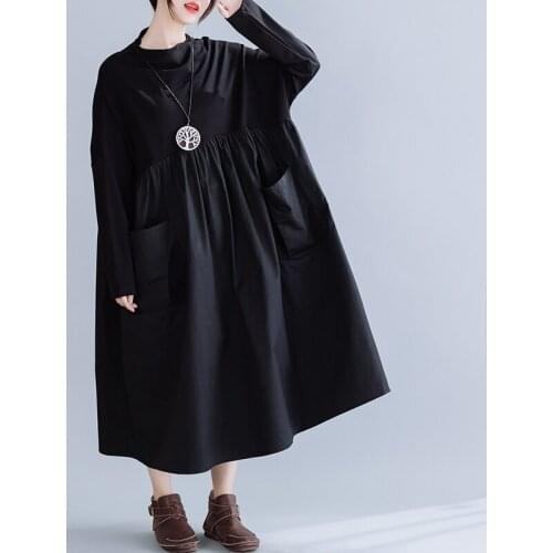 2021 New Arrival Patchwork Loose Autumn Dress Japan Style Big Pockets Shirring Chic Girls Dress Plus Size Women Casual Dress