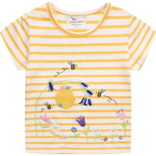 New Arrival T shirts For Summer Girls Cotton Tees Tops Floral Embroidery Cute Stripe Kids Clothing T shirts