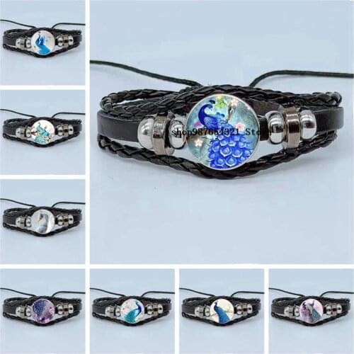 New Elegant Colorful Peacock Picture Bracelet Glass Cabochon Bracelet Multilayer Braided Leather Bracelet Jewelry