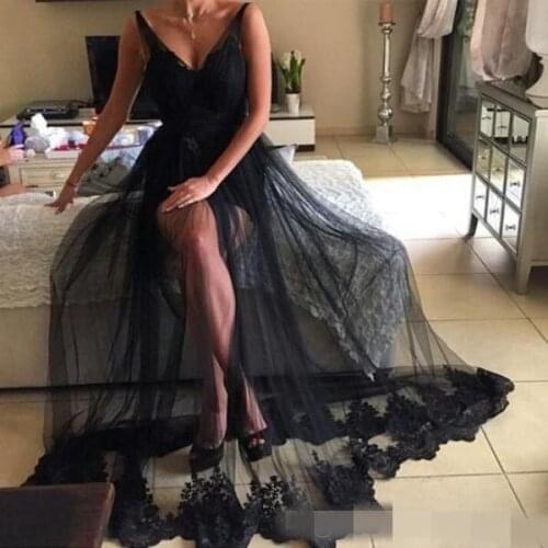 See Through Black Deep V Neck Sleeveless Lace Appliques Open Back Sexy Prom Dresses 2019 Long Formal Evening Party prom Gowns