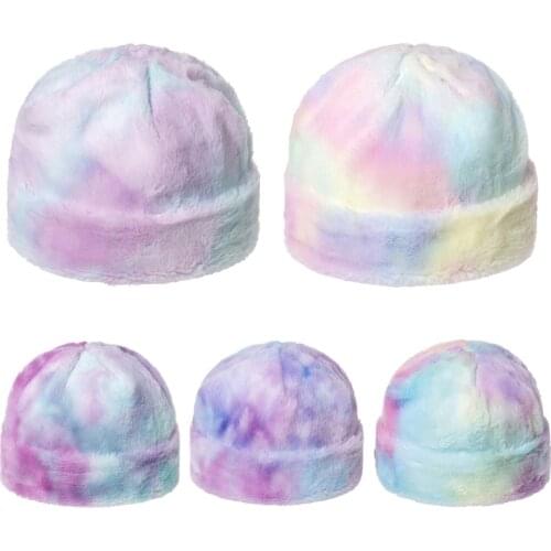 Women Men Winter Warm Fuzzy Plush Beanie Hat Rainbow Tie-Dye Print Cuffed Brimless Hip Hop Landlord Docker Skull Cap