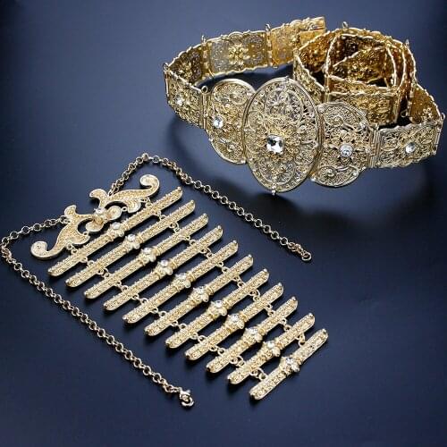 Sunspicems Golden Caucasus Bridal Wedding Jewelry Sets Morocco Women Crystal Belt Breastplate Caftan Robe Waist Chain Necklace