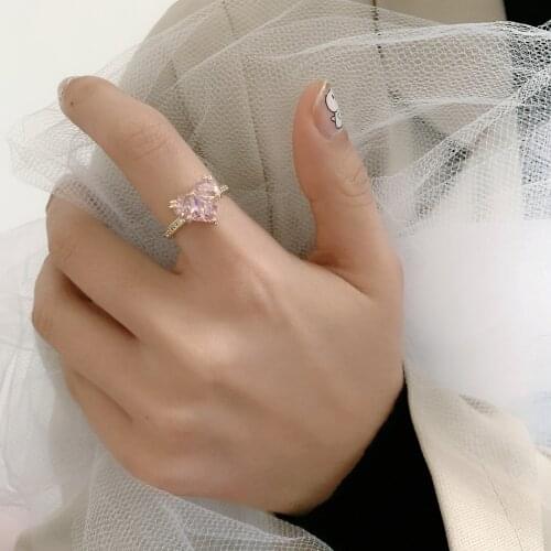 TIMEONLY Romantic Love Heart Shinning Rhinestones Ring Pink Color CZ Zirconia Open Rings for Women Ladies Sweet Charm Jewellery