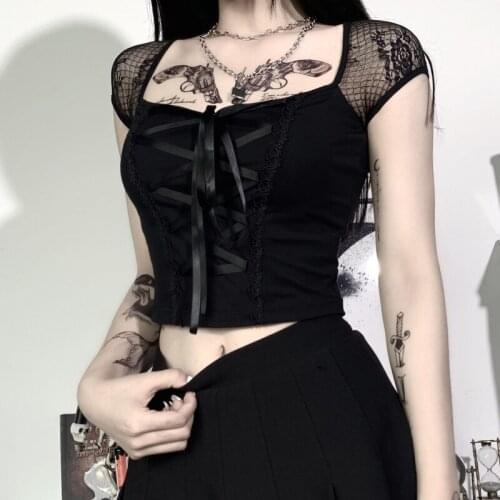 Vintage Gothic Women T-shirts Black Slim Fit Lace T-shirt Gothic Streetwear Mesh Casual Sexy Top goth clothes women sexy tops