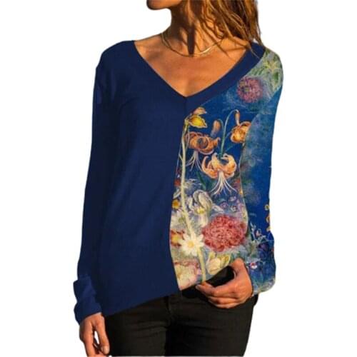 2021 Autumn Winter Women Boho Splicing Positioning Print T Shirt Long Sleeve Fashion Tops Loose Casual V-Neck Ladies Street Tee