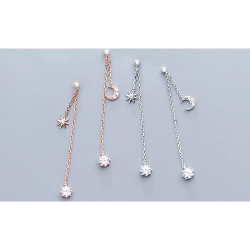 MloveAcc Trendy New 925 Sterling Silver Star and Moon Long Chain Drop Earrings for Women Black CZ Sterling Silver Jewelr