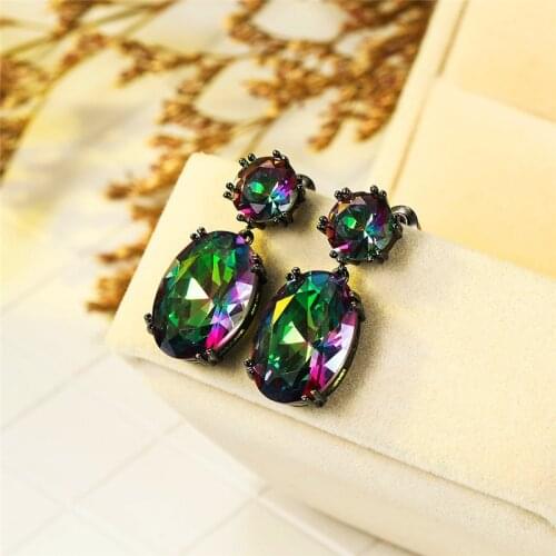 Punk Female Rainbow Crystal Drop Earrings Charm Black Gold Wedding Earrings For Women Vintage Round Oval Zircon Dangle Earring