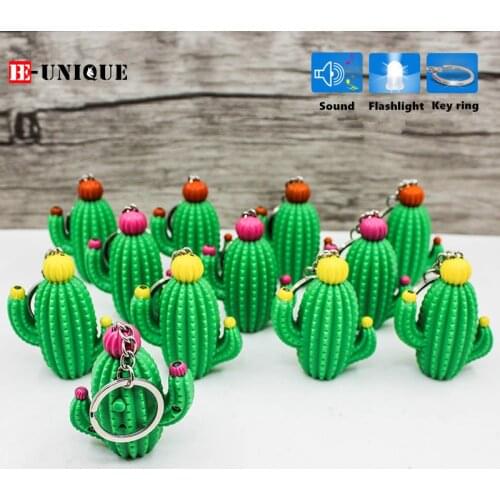 12pcs/lot Creative Cartoon cactus LED key chain Luminous sounds toys pendant Sound-emitting Greens Plants shape sounds key ring