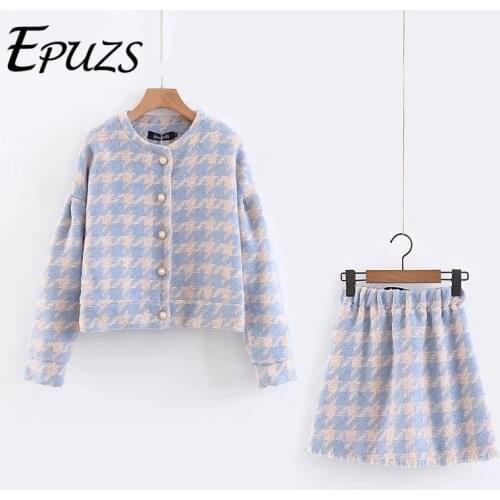 2020 Casual FashionTwo Piece Outfit women knitted cardigans Plaid coats and knitted Sweet cute short skirt