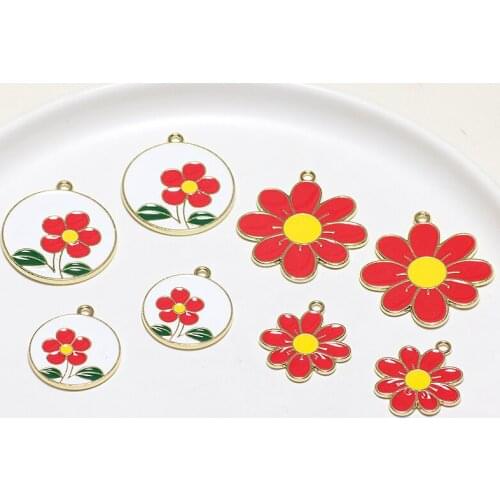 6pcs New Fashion Sweet Cute Earrings Statement Korean small red flower alloy drip round pendant diy jewelry accessories material