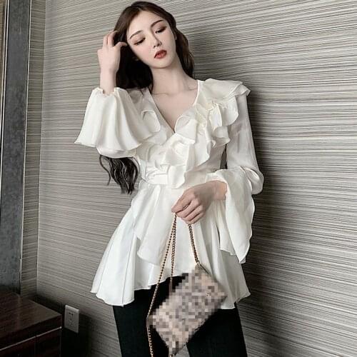 Long Sleeve Shiny Ruffles Shirts Women Casual Loose High Waist Satin Blouses Lady Long Sleeve Satin Top Shirt Blouses Tops