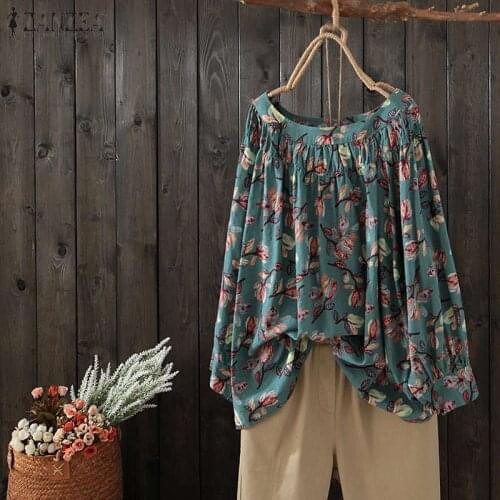 ZANZEA Women Blouses Shirt Summer Autumn 2021 Bohemian O Neck Long Sleeve Retro Floral Print Tunic Loose Tops S