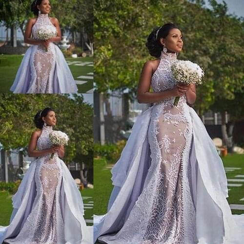 Plus Szie African Wedding Dresses with Detachable Train 2019 Modest High Neck Puffy Skirt Sima Brew Country Garden Royal Wedding
