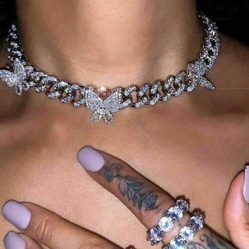 Cuban CZ Rotate Butterfly Bracelet Iced Out CZ Anklet&Necklace Gold Silver Color Bling Hip Hop For Women Men Jewelry 10mm Set