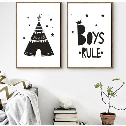 Minimalist Boys Rule Nursery Decor Personalized Canvas Painting Wall Art Black and White Posters Prints Kids Room wall Decor