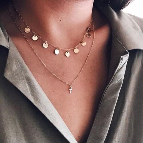 2 Pcs/Set Fashion Women Necklace Round Cross Pendant Double Gold Necklace Set Female Engagement Party Jewelry Accessories