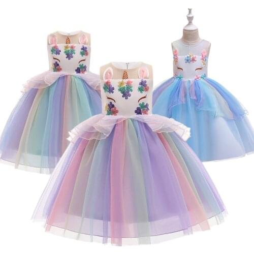 Girls Cartoon Dress Rainbow Princess Kids Party Dress Children Christmas Halloween Cosplay Costume Embroidered flowers Frocks