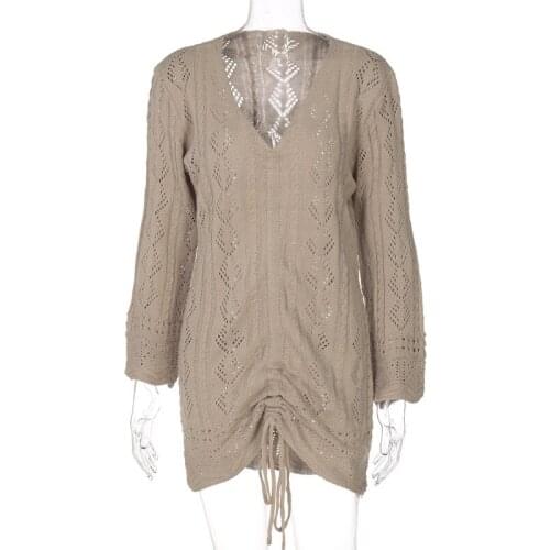 Autumn and winter new womens drawstring knit pleated dress