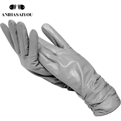 Light gray women leather gloves, sheepskin gloves female,best-selling womens winter mittens,Genuine Leather gloves women-2081
