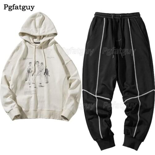 Casual Mens Hooded Sweatshirt and Pants Two Piece Set Plus Size M-5XL Sportswear Printed Tops + Loose Pants Sports Running Sets