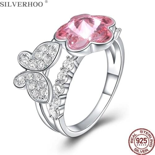 SILVERHOO 925 Sterling Silver Womens Romantic Rings Butterfly Shape Pink Austria Crystal Ring Engagement Fine Jewelry Hot Sale