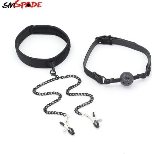 Smspade Sex Restraints Adult Games Mouth Gag Neck Collar Nipple Clamps Sex Toys for Woman Slave Collar bdsm Gag Sex Toys Nipple