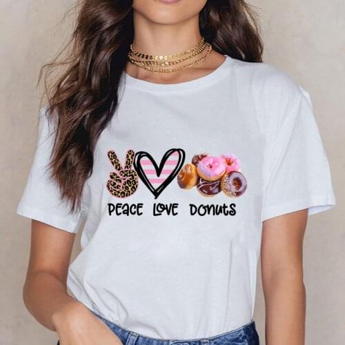 Women T Shirt Summer Short Sleeve Female T-shirt Funny Cartoon Graphic Tops Tee Shirt Peace Love Donuts Kawaii Tshirts Plus Size