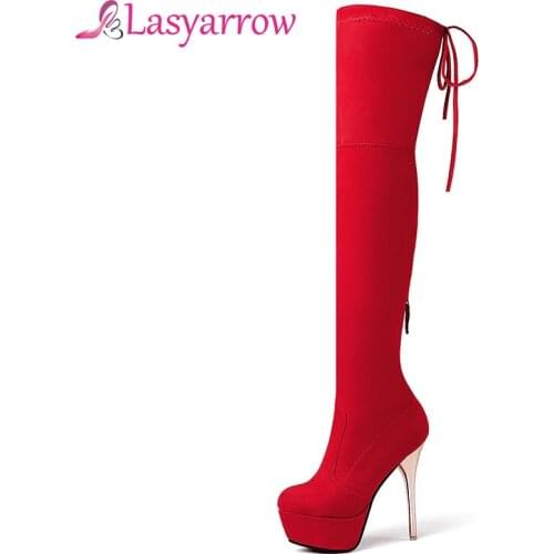 Lasyarrow Plus Size 34-43 Fashion Over Knee Thigh High Boots Women Sexy Thin High Heels Shoes Elastic Platform Shoes Woman F112