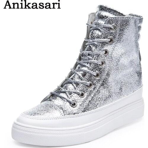 Women Leather Casual Shoes Woman High Top Wedges Shoes Height Increasing Platform Boots Ladies Black Gold High Heels Trainers