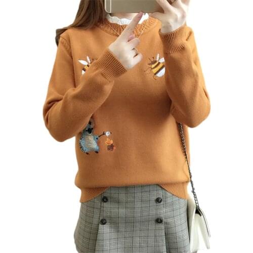 Spring Fashion Embroidery Bee Sweater Women Short Knitted Tops Loose Jumpers Ladies 5 Color Long sleeve Knitting Pullover Female