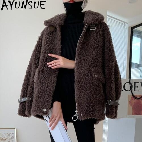 AYUNSUE Motorcycle Fur Coat Female Winter 2021 Sheep Shearling Coats Women Short Real Wool Jacket Casual Manteau Femme Gxy195