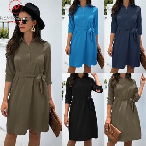 Women Solid Color A-Line Dress Single-Breasted Design Pocket Belt Decor Turn-down Collar Long Sleeve Spring Autumn Slim Dress