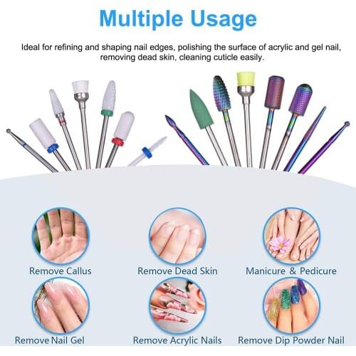 15pcs Nail Drill Bits Set 3/32'' Tungsten Carbide Diamond Ceramic Nail Drill Bits for Acrylic Gel Nails Electric Nail File Bit