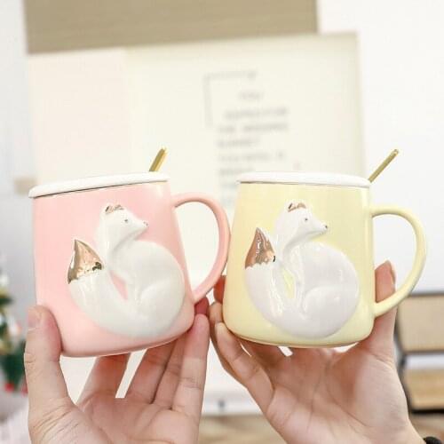 3D Animal cat ceramic cup with lid metal spoon 420ml Mug creative beverage coffee Mug tea cup Simplicity gift child milk cup