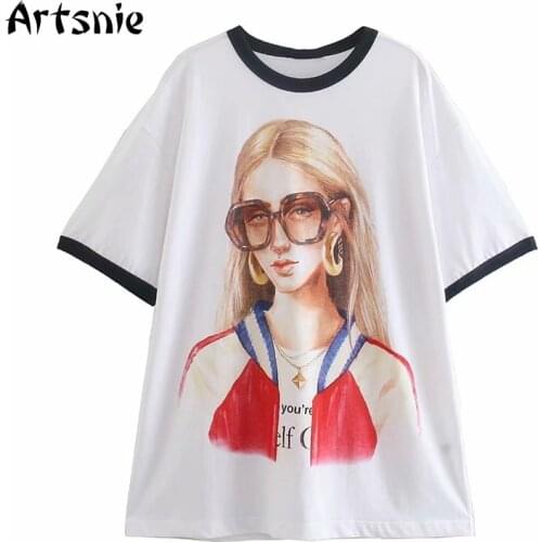 Artsnie Summer 2021 White T Shirt Women O Neck Short Sleeve Disney Tops Streetwear Character Print Knitted Oversized T-shirts