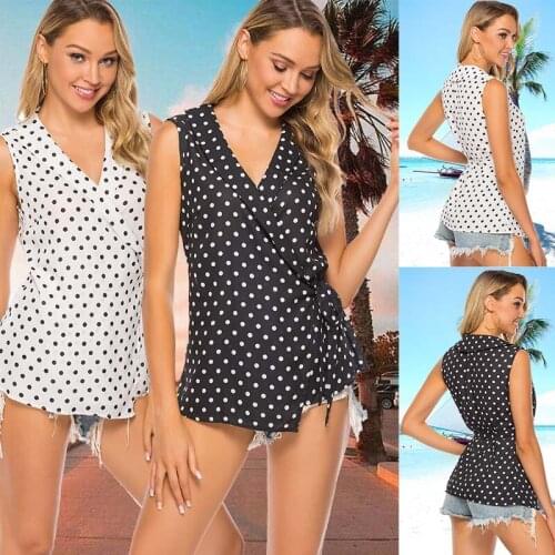 Polka Dot Summer Sleeveless Womens Blouse Plus Size V-neck Lace Up Blouses Female 2020 Fashion Streetwear Casual Ladies Tops